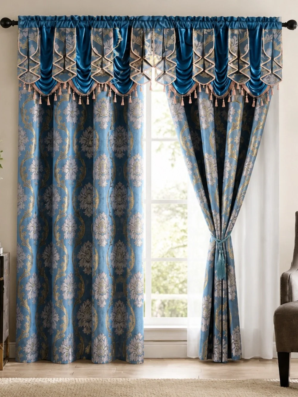 Elegant Blue Floral Damask Curtain Set with Valance